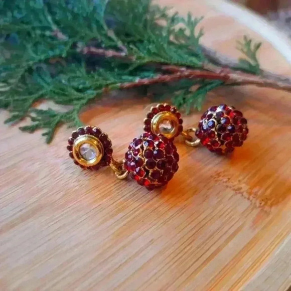 Red and Gold Round  Stud Earrings - Picture 1 of 4